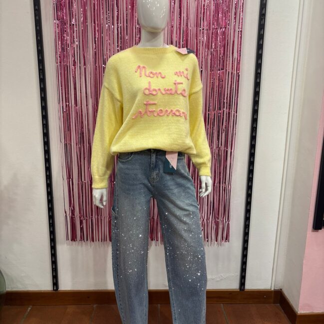 Jeans balloon a vita alta con strass